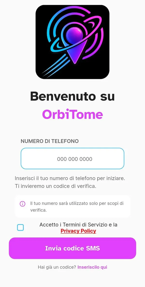 Schermata di benvenuto OrbiTome con campo numero di telefono