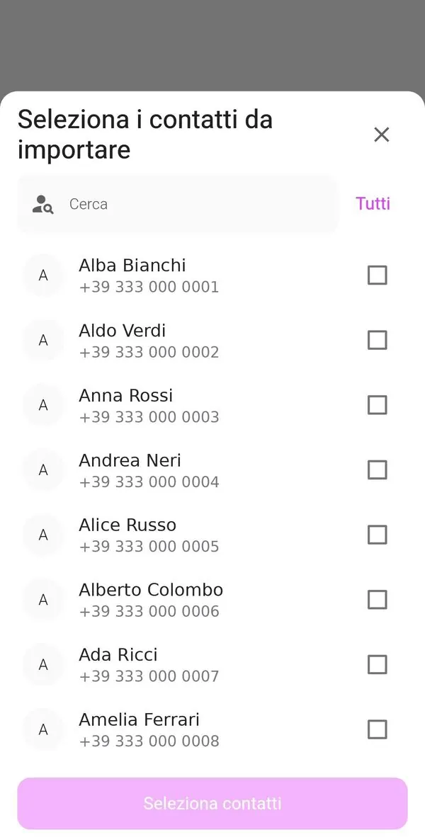 Selezione dei contatti da importare