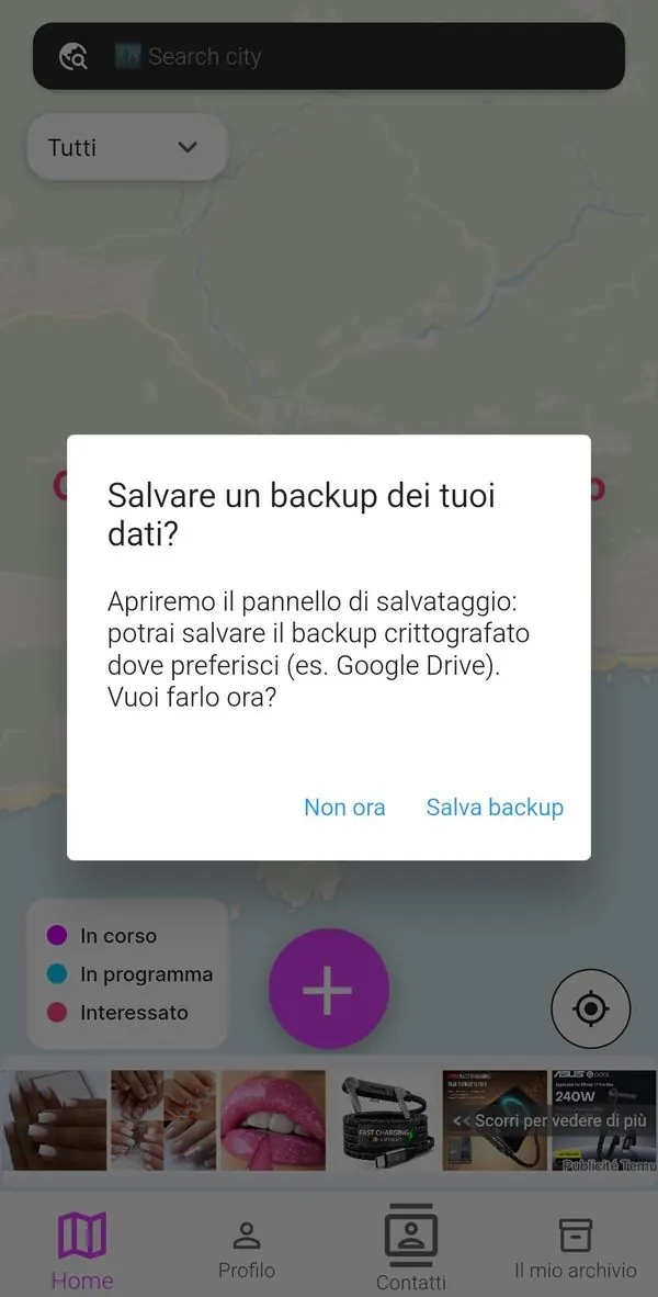 Finestra di proposta backup dei dati