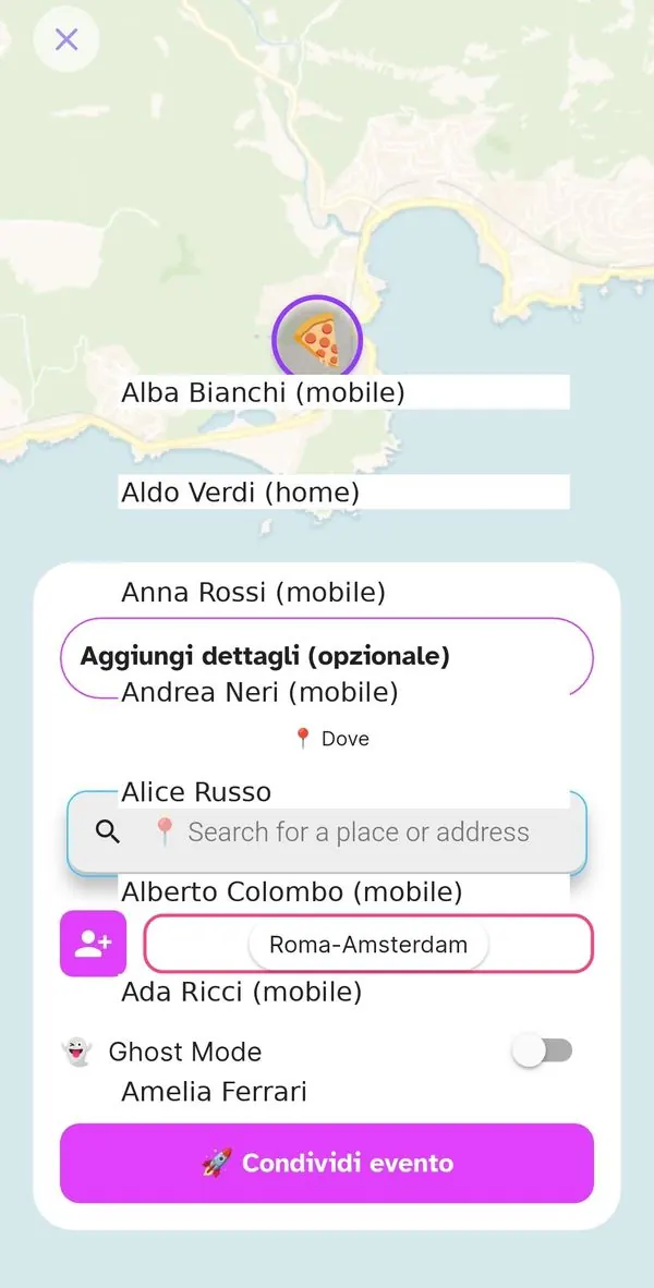 Dettagli evento con luogo, tag e Ghost Mode