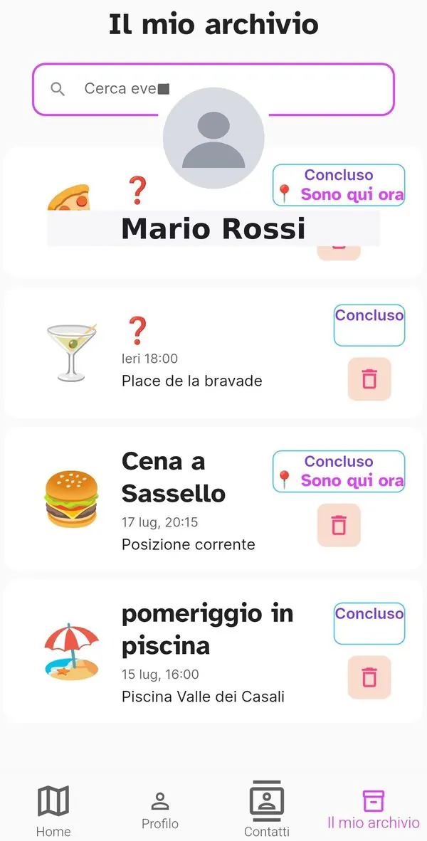Pagina profilo con menu principale