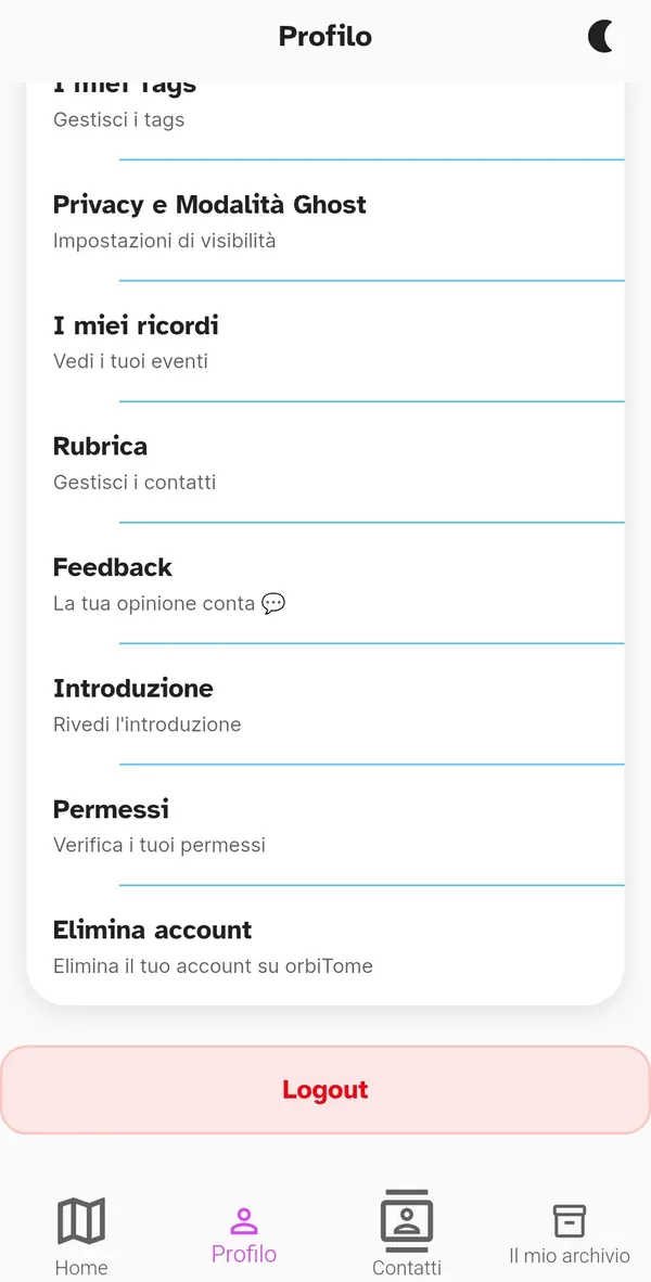 Menu del profilo con permessi, introduzione ed eliminazione account