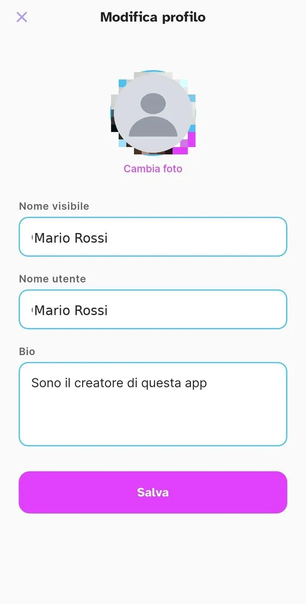 Modifica profilo con nome, foto e bio