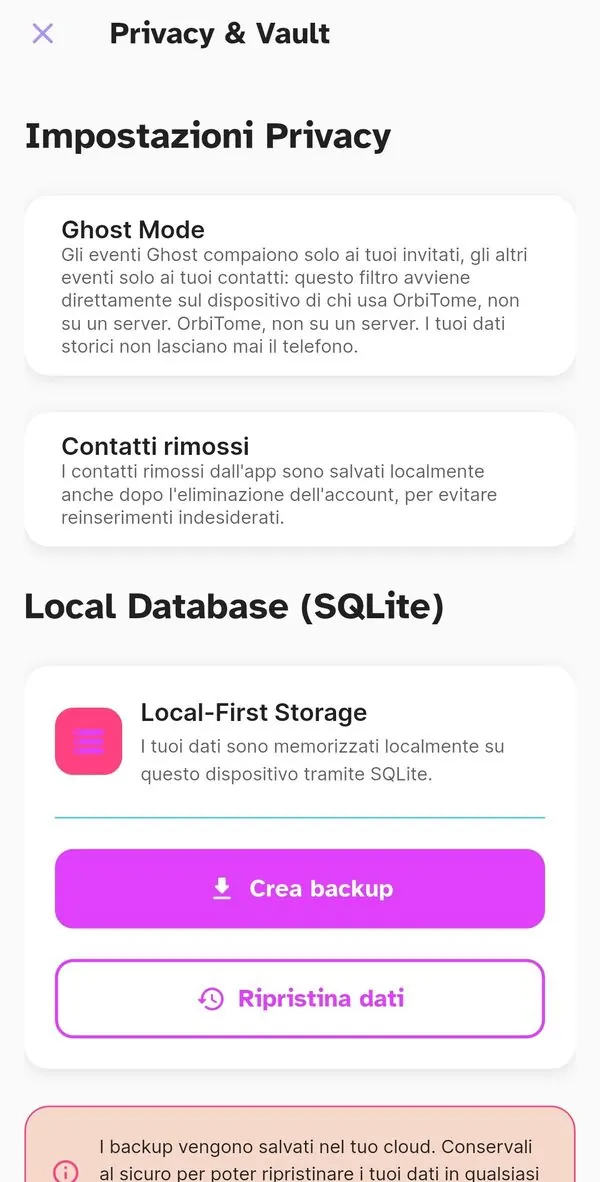 Impostazioni Privacy e Vault con spiegazione Ghost Mode