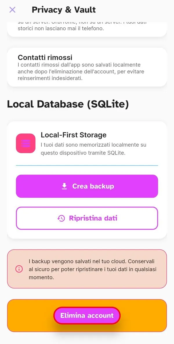 Sezione Local Database con Crea backup e Ripristina dati