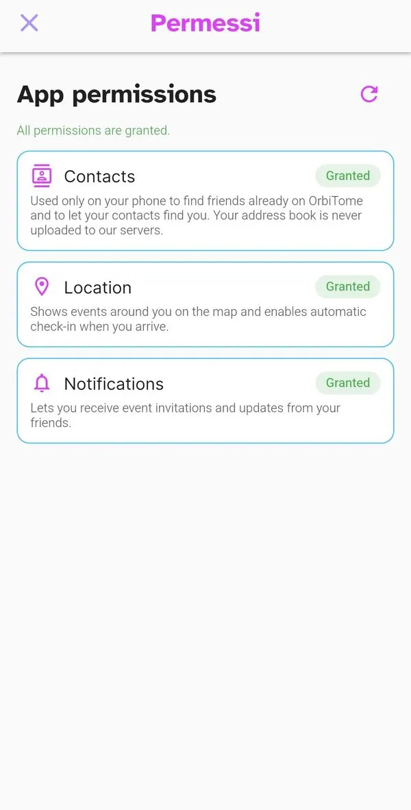 Schermata permessi app con stato concesso