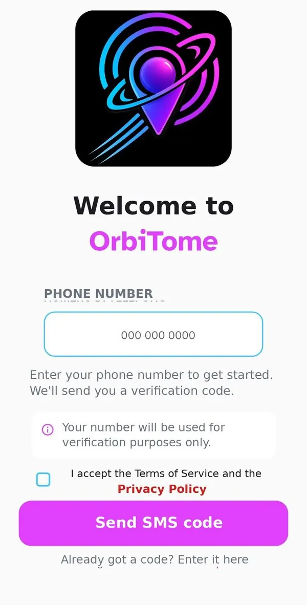 OrbiTome welcome screen with phone number field