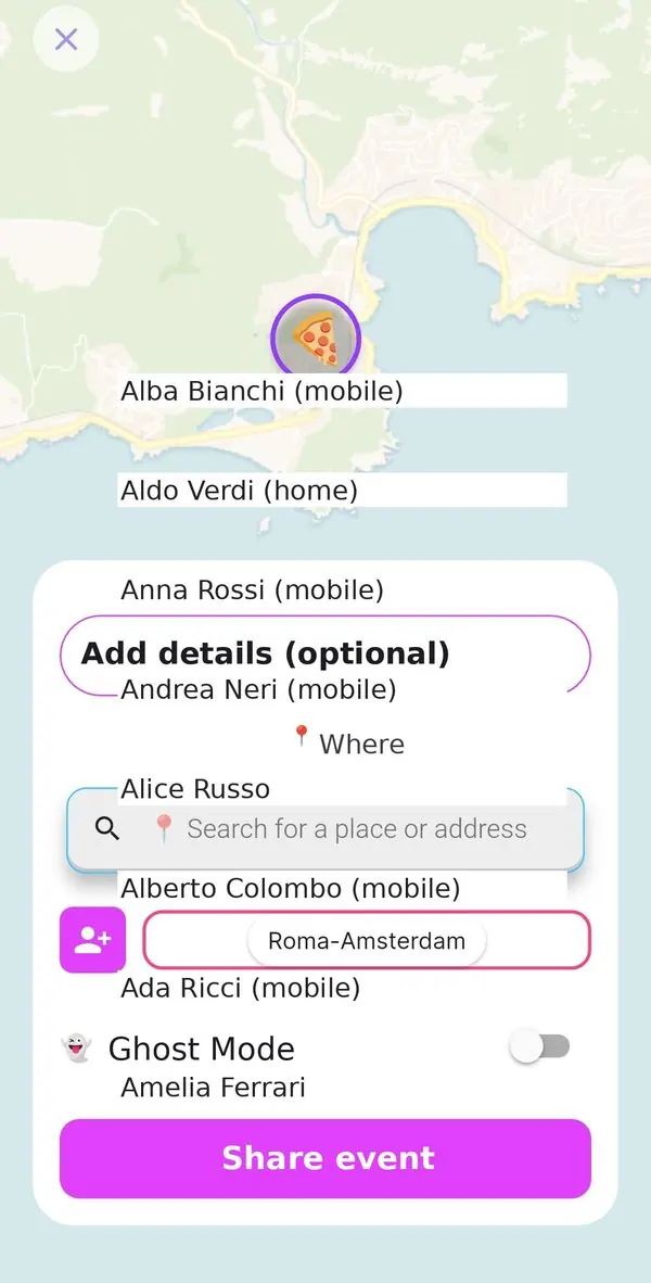 Event details with place, tag and Ghost Mode
