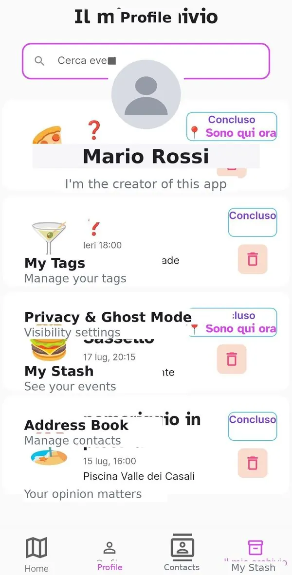 Profile page with main menu