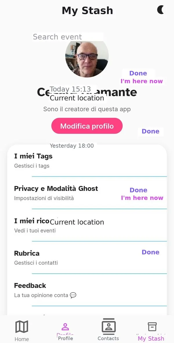 My Stash screen with past events