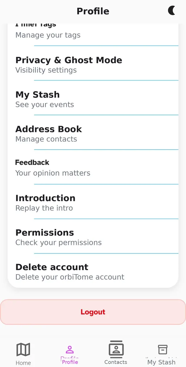 Profile menu with permissions, introduction and account deletion