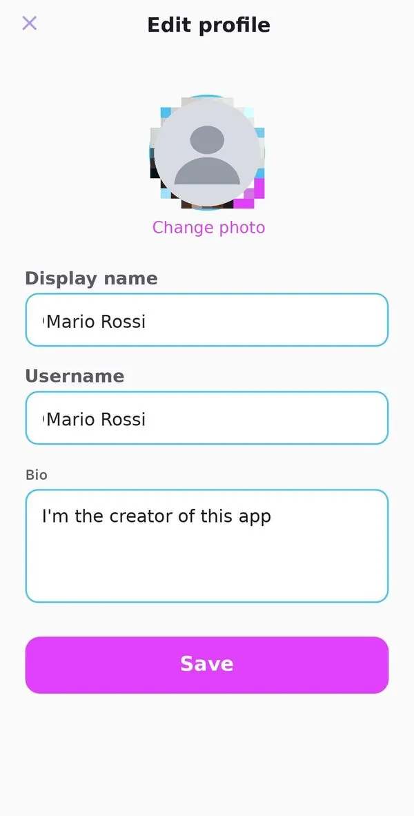 Edit profile with name, photo and bio