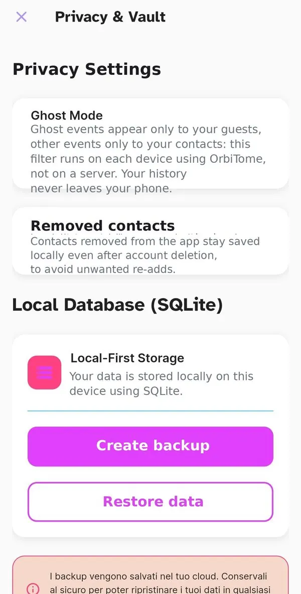 Privacy & Vault settings explaining Ghost Mode