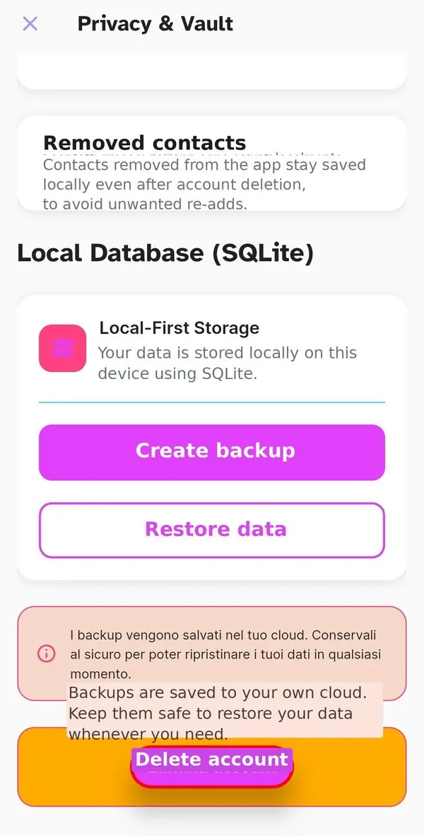 Local Database section with backup and restore