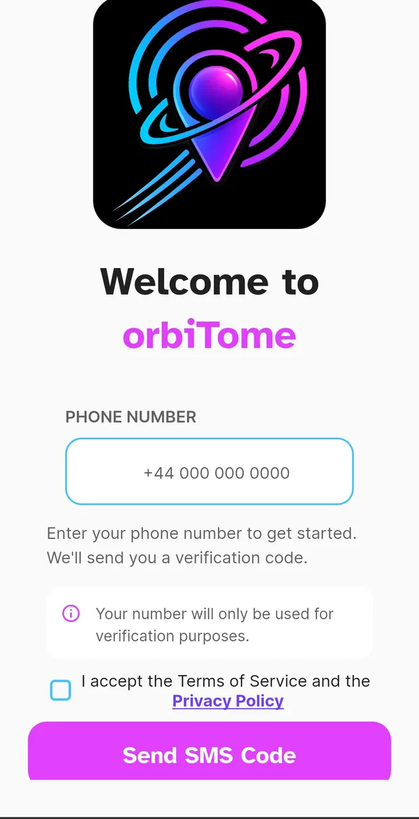orbiTome sign-up screen with the phone number field