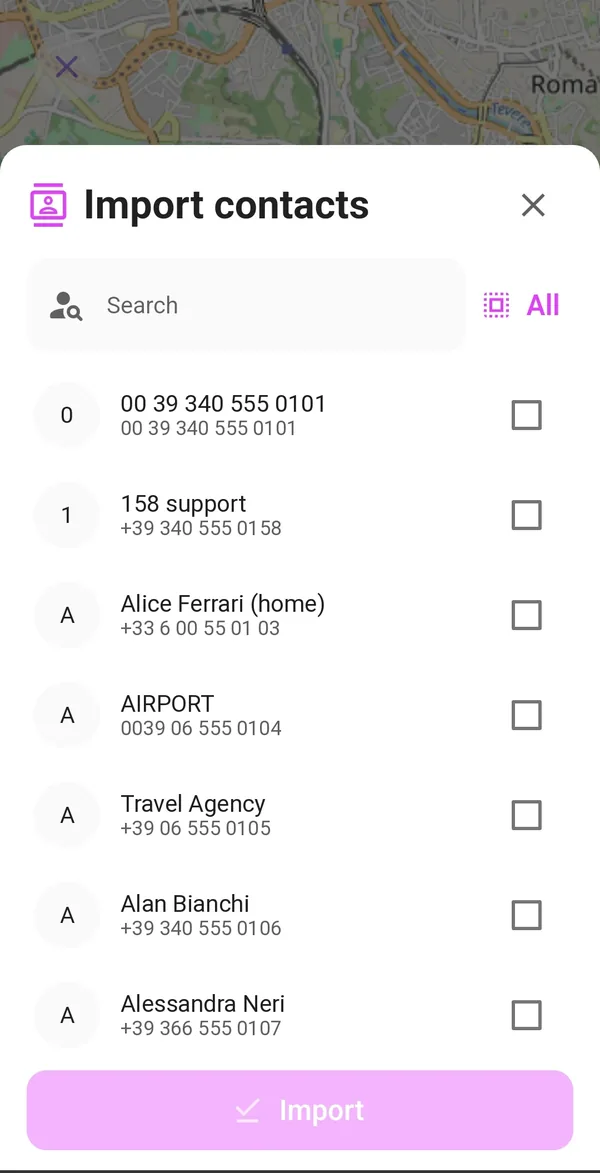 Import contacts dialog with the contact selection
