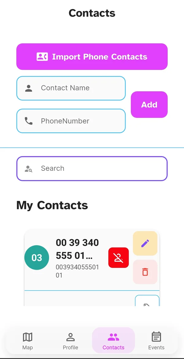Contacts page with a contact card