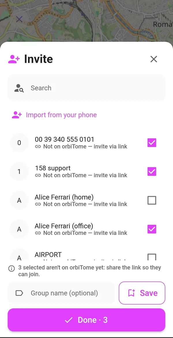 Invite sheet with the contact list