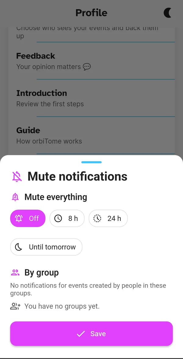 Mute notifications panel with the duration options