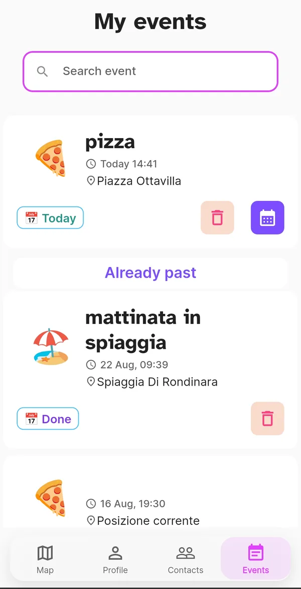 Events page with today's events and past ones