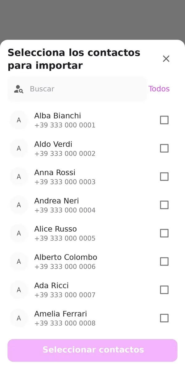 Selección de contactos para importar