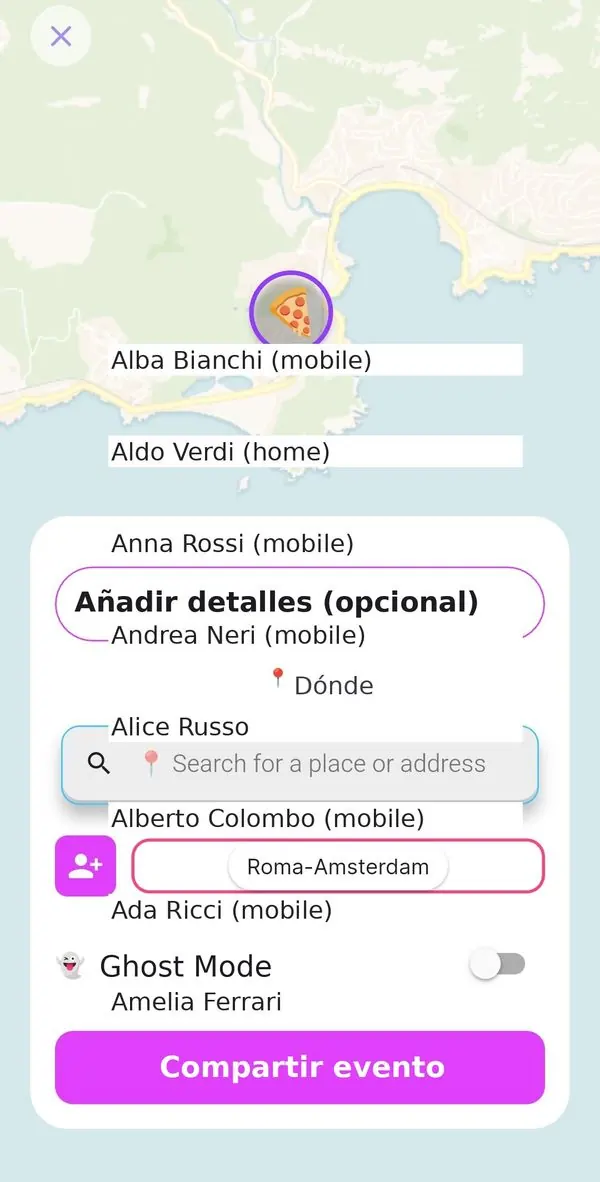 Detalles del evento con lugar, tag y Ghost Mode
