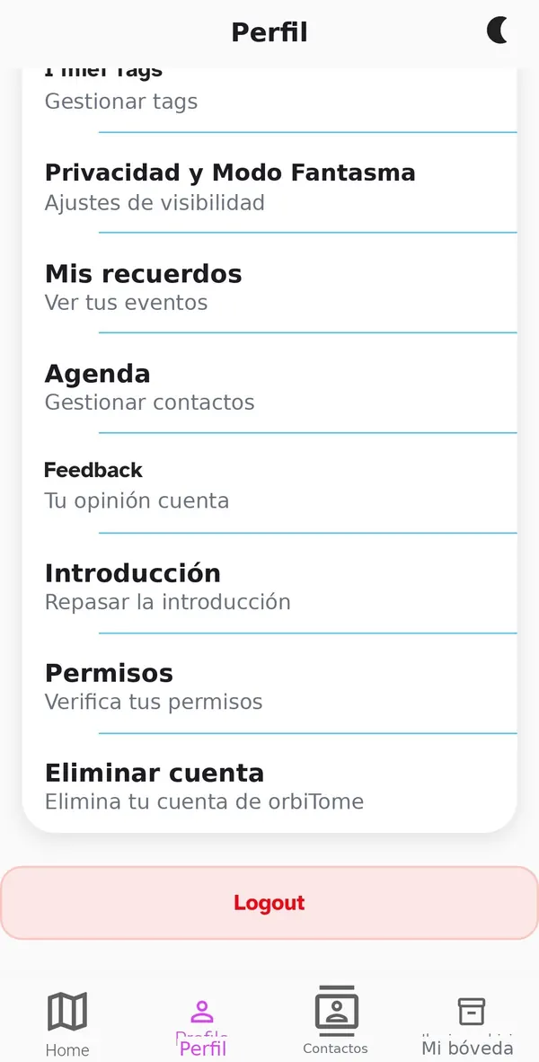 Menú del perfil con permisos, introducción y eliminación de cuenta