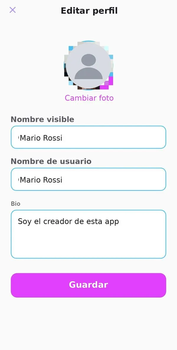 Editar perfil con nombre, foto y bio