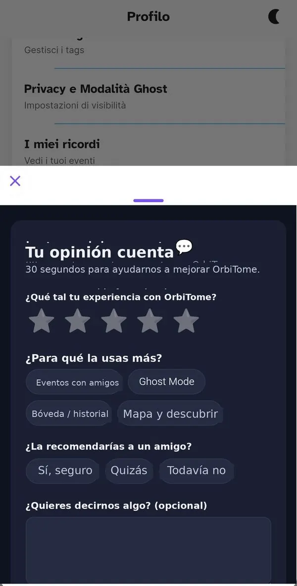 Formulario de feedback en la app