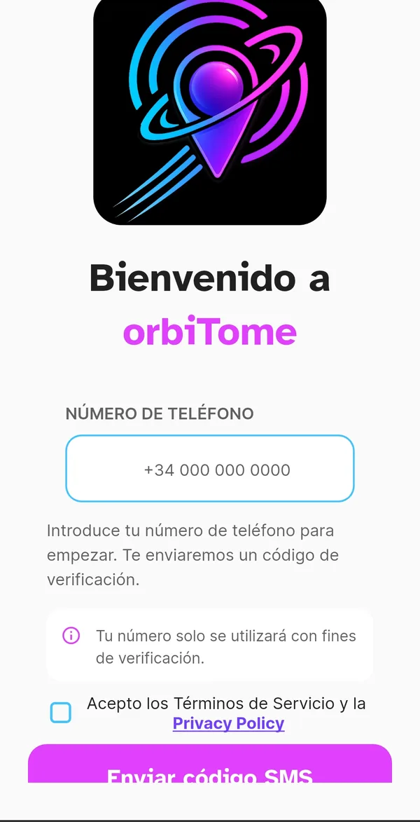 Pantalla de registro de orbiTome con el campo del número