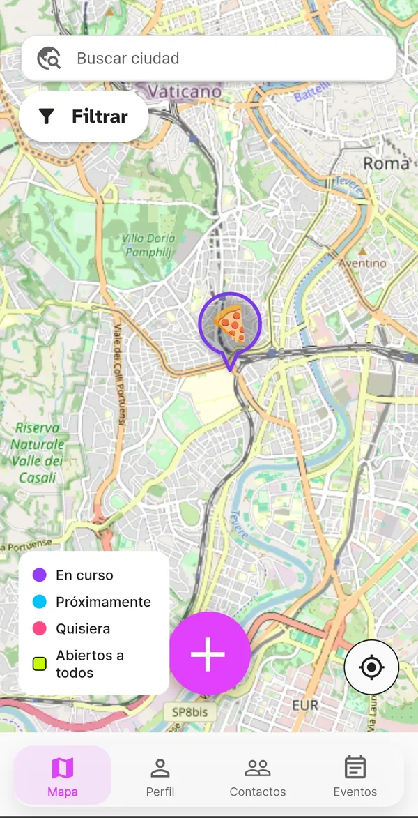 Evento recién creado visible en el mapa