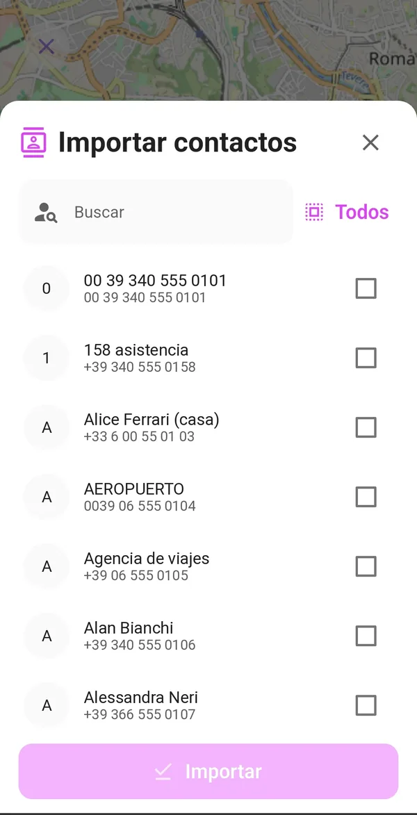 Ventana Importar contactos con la selección de contactos