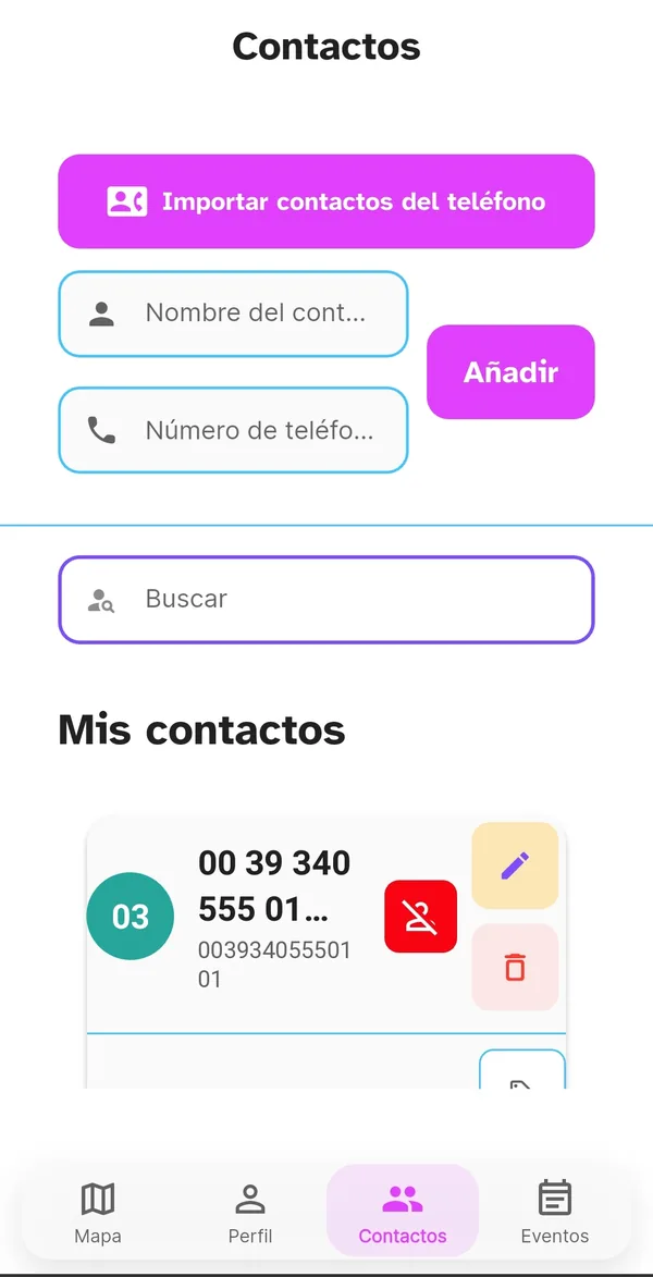 Página Contactos con la ficha de un contacto