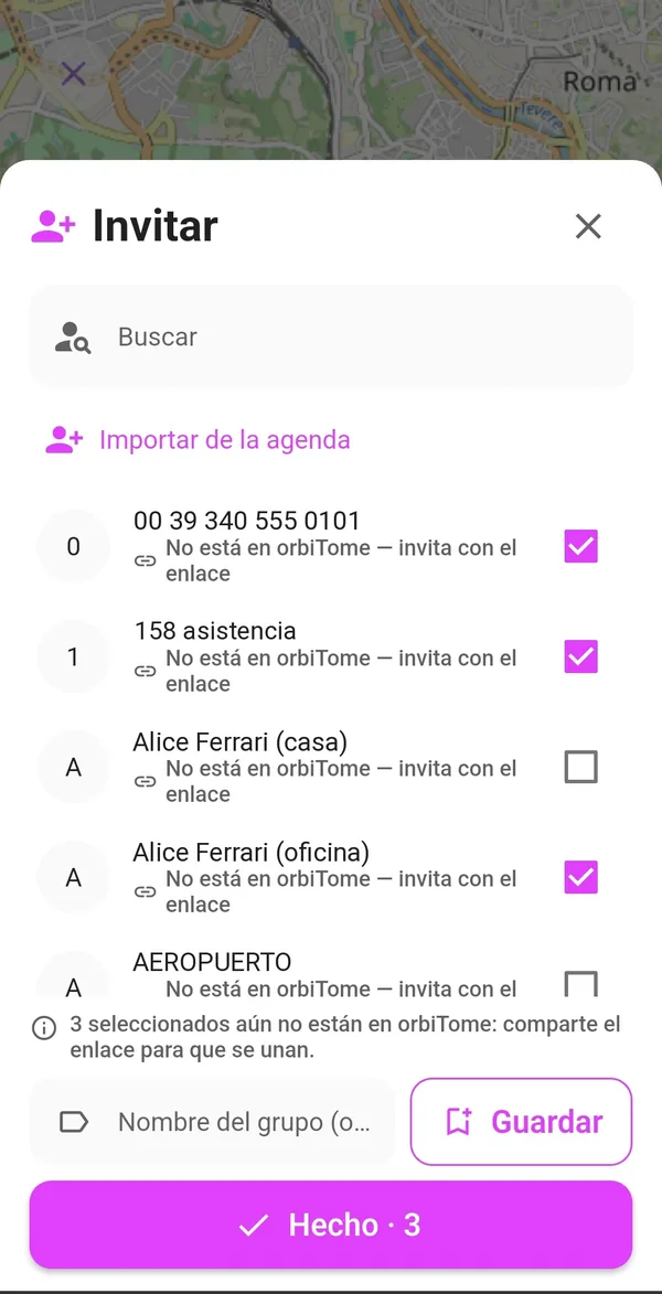Ventana Invitar con la lista de contactos