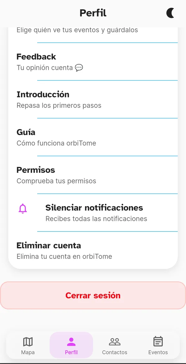 Opciones del perfil: guía, permisos, notificaciones, eliminar cuenta