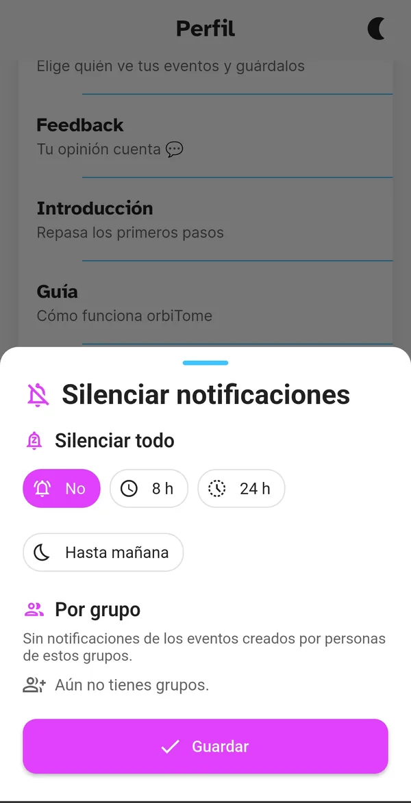 Panel Silenciar notificaciones con las opciones de duración