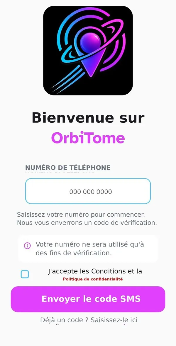 Écran d'accueil OrbiTome avec champ numéro de téléphone