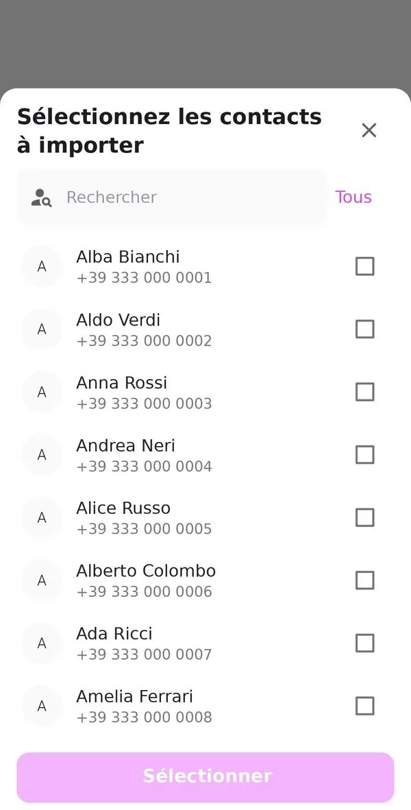 Sélection des contacts à importer