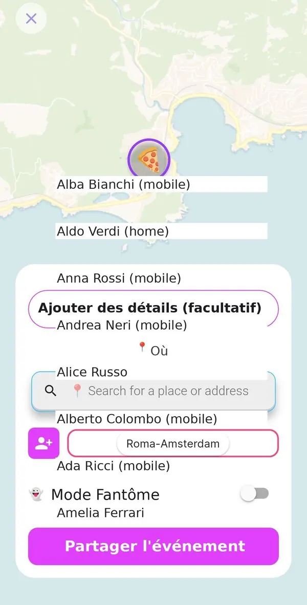 Détails de l'événement avec lieu, tag et Mode Fantôme