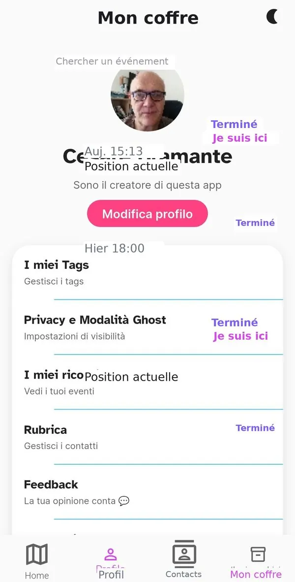 Écran Mon coffre avec événements passés