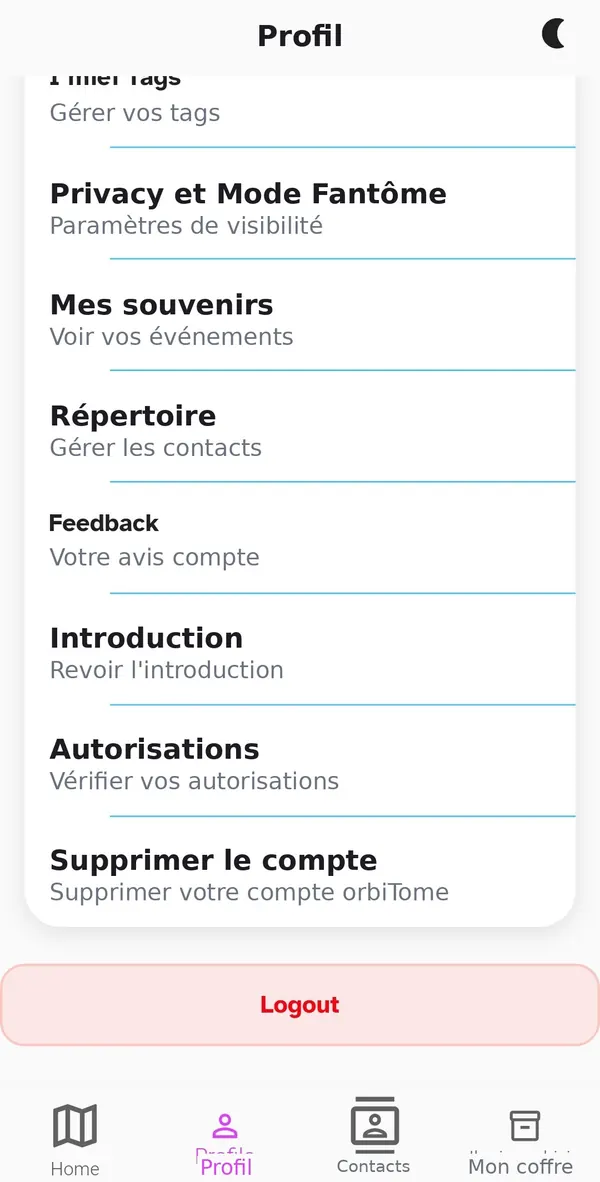 Menu du profil avec autorisations, introduction et suppression du compte
