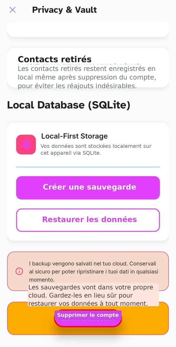 Section Local Database avec sauvegarde et restauration