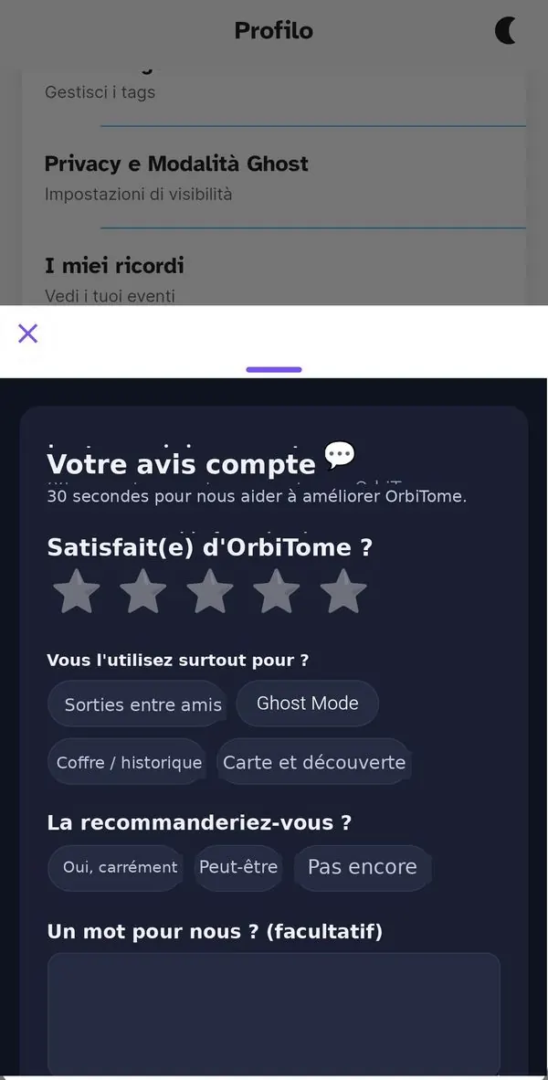 Formulaire d'avis dans l'appli