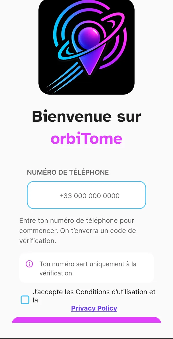 Écran d'inscription orbiTome avec le champ du numéro