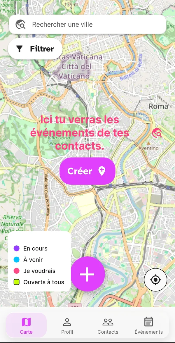 Carte avec la légende des couleurs des événements