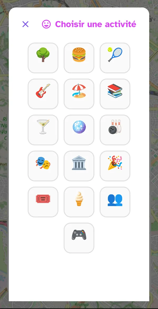 Sélecteur d'activités avec les emojis