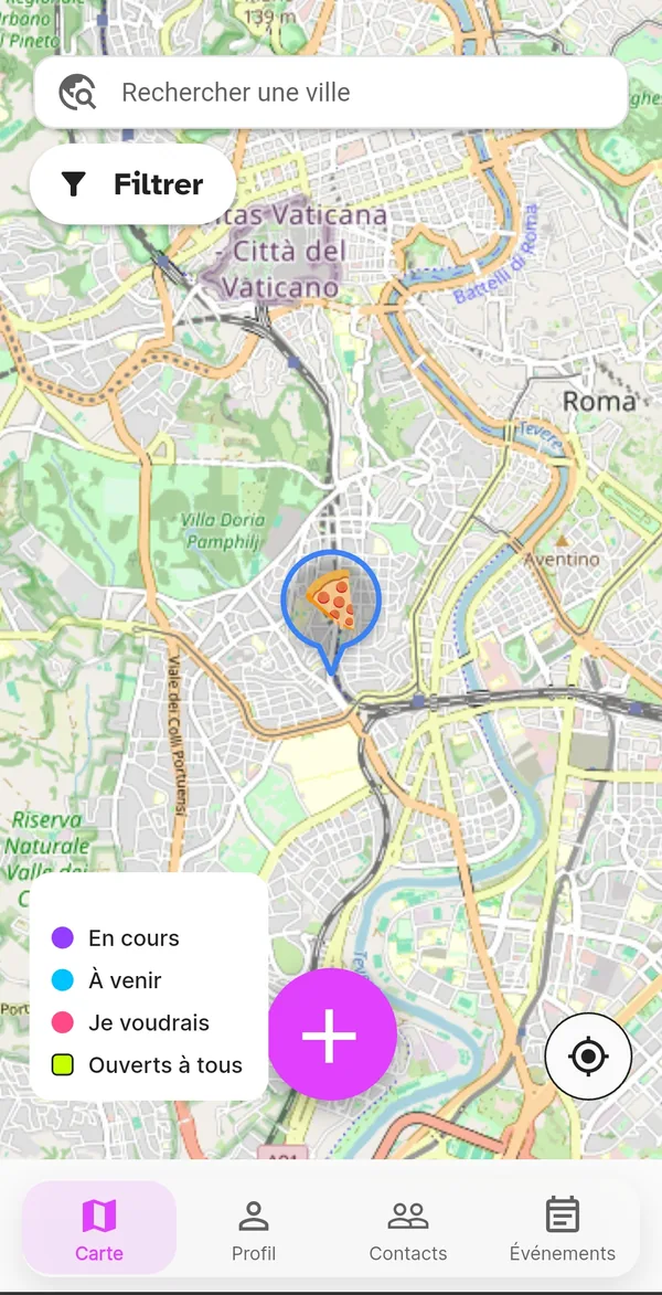 Événement tout juste créé visible sur la carte