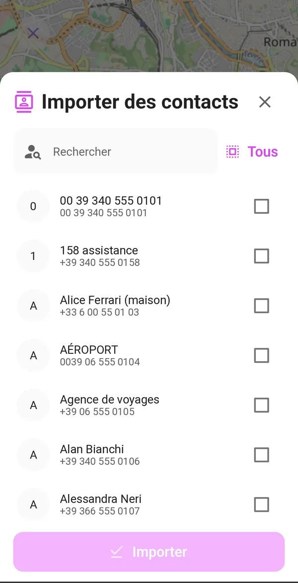 Fenêtre Importer des contacts avec la sélection