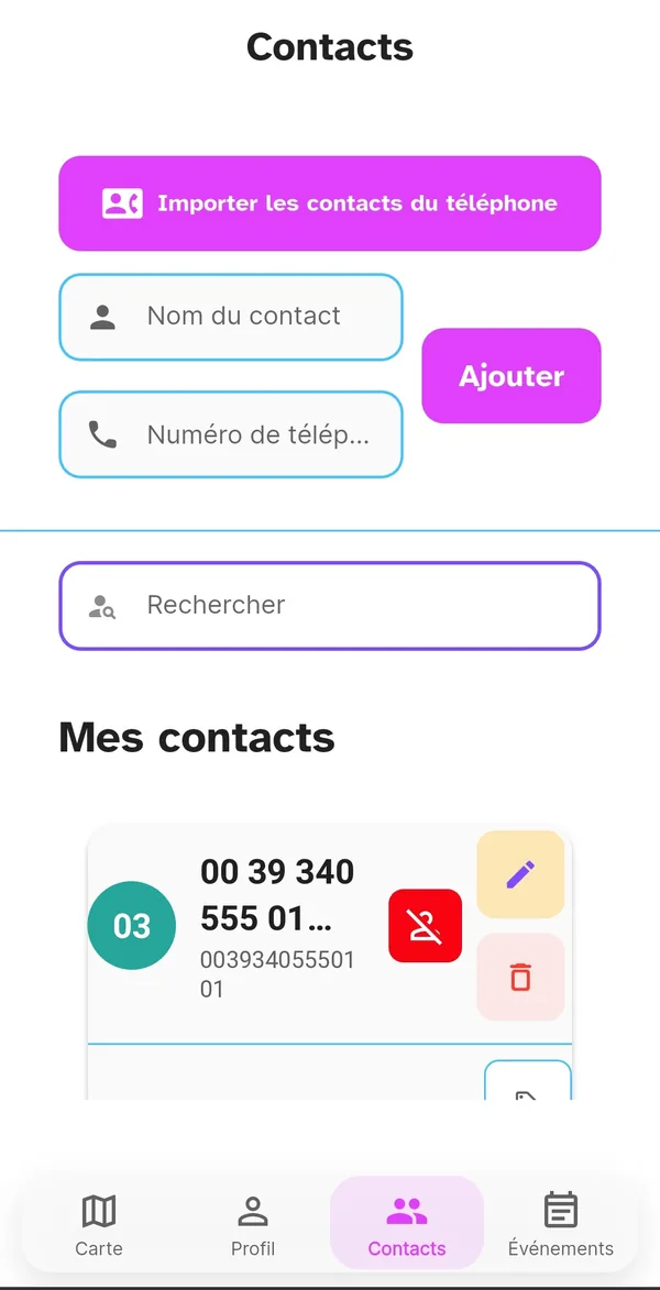 Page Contacts avec la fiche d'un contact