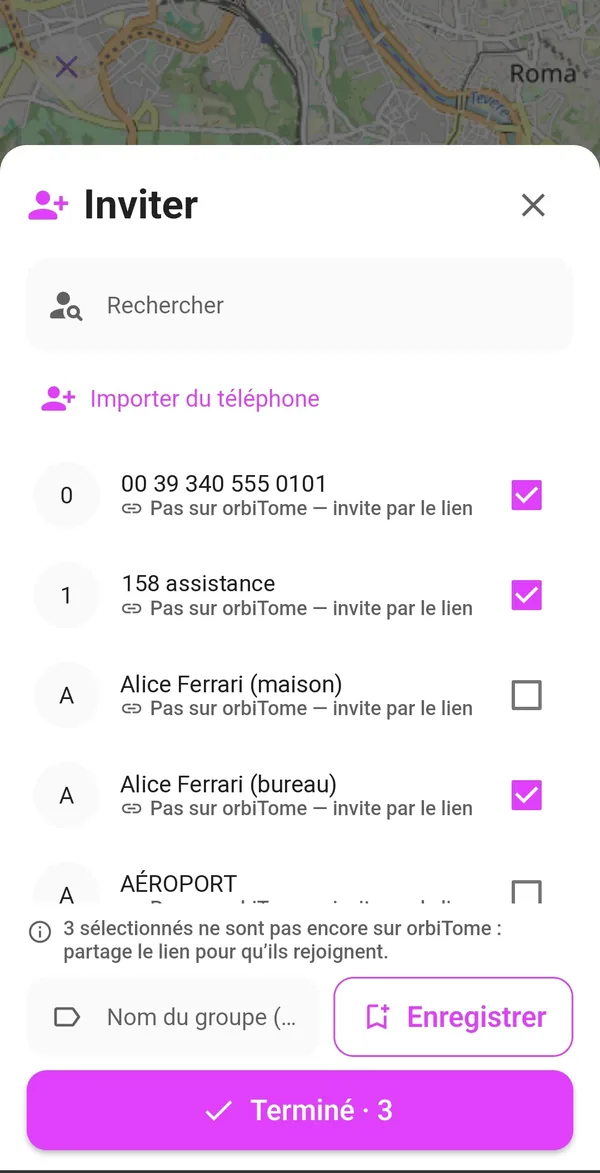Fenêtre Inviter avec la liste des contacts